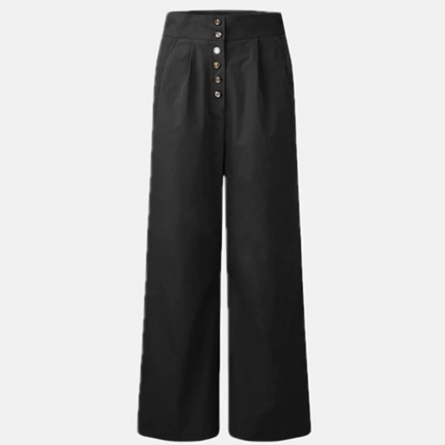 Linen Palazzo Pants for Women with Pocket Buttons Elastic Waist Pleated Straight Leg Stretchy Pants Office Trousers