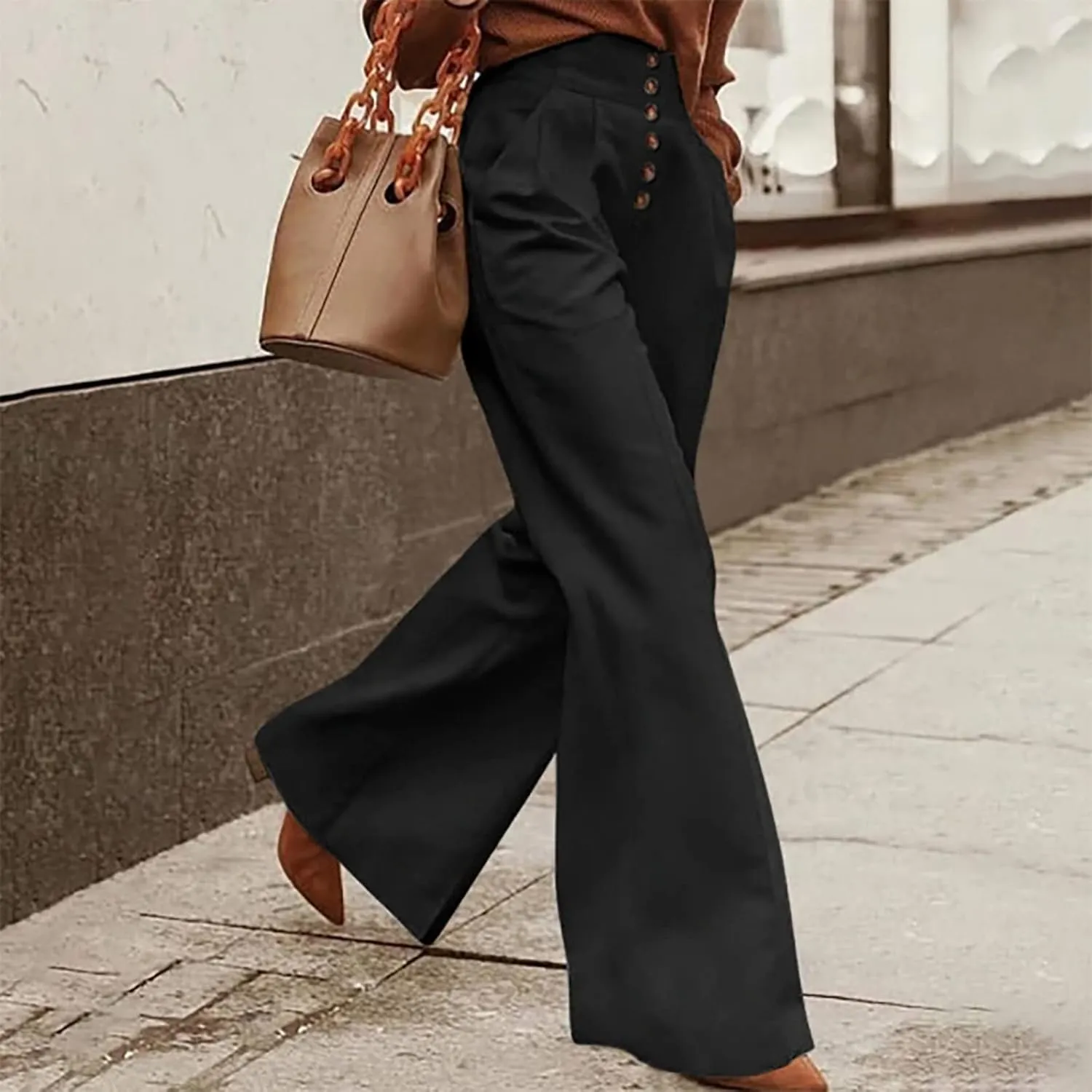 Linen Palazzo Pants for Women with Pocket Buttons Elastic Waist Pleated Straight Leg Stretchy Pants Office Trousers