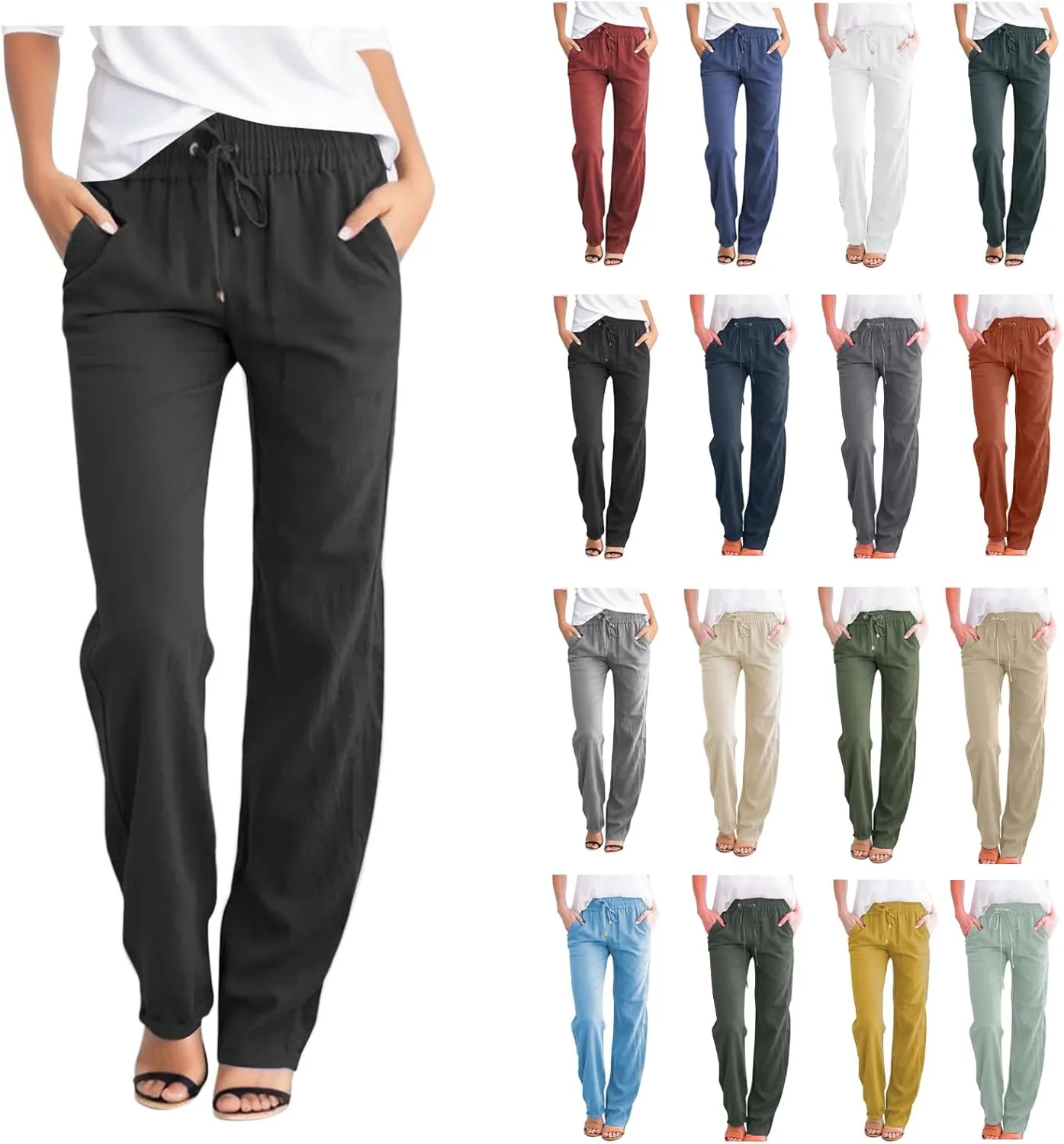 Linen Pants for Women High Waisted Drawstring Relaxed Fit Wide Leg Pant Elastic Waist Casual Lightweight Trousers