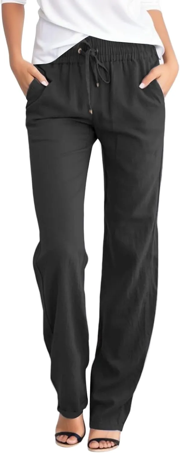 Linen Pants for Women High Waisted Drawstring Relaxed Fit Wide Leg Pant Elastic Waist Casual Lightweight Trousers