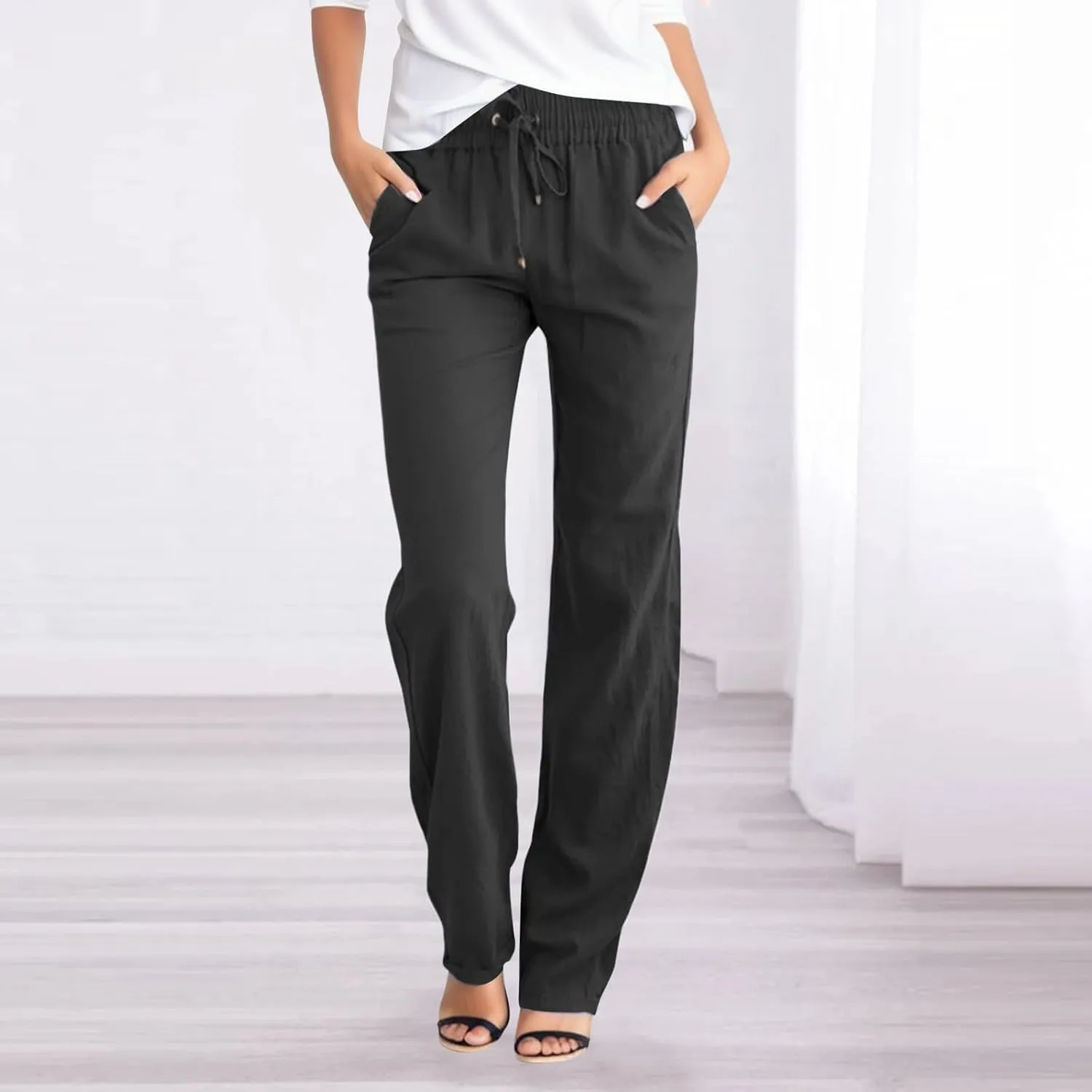 Linen Pants for Women High Waisted Drawstring Relaxed Fit Wide Leg Pant Elastic Waist Casual Lightweight Trousers
