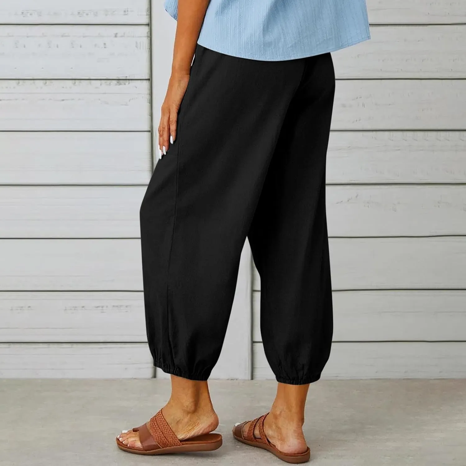 Linen Pants for Women Summer Casual Tie Knot High Waist Pants Button Slit Hem Trousers Baggy Slacks with Pockets 2025