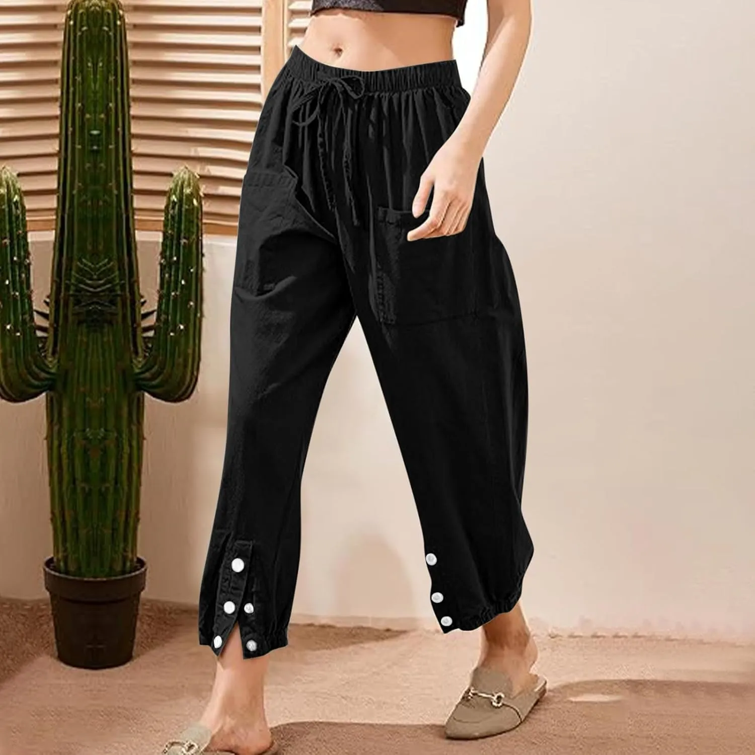 Linen Pants for Women Summer Casual Tie Knot High Waist Pants Button Slit Hem Trousers Baggy Slacks with Pockets 2025