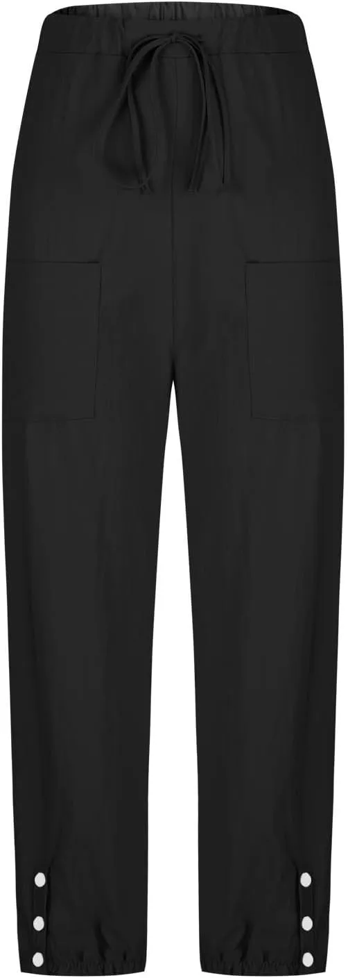 Linen Pants for Women Summer Casual Tie Knot High Waist Pants Button Slit Hem Trousers Baggy Slacks with Pockets 2025