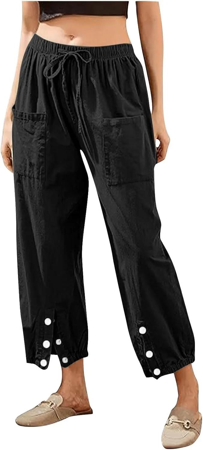 Linen Pants for Women Summer Casual Tie Knot High Waist Pants Button Slit Hem Trousers Baggy Slacks with Pockets 2025