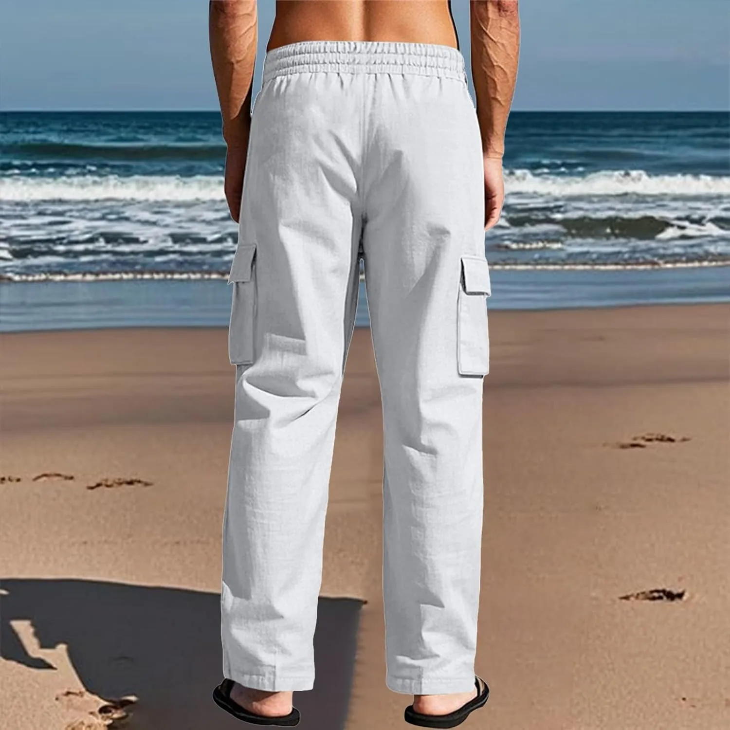 Linen Pants Men Men's Pants Casual Relaxed Fit Straight Leg Drawstring Lightweight Summer Comfort Pant with Pockets