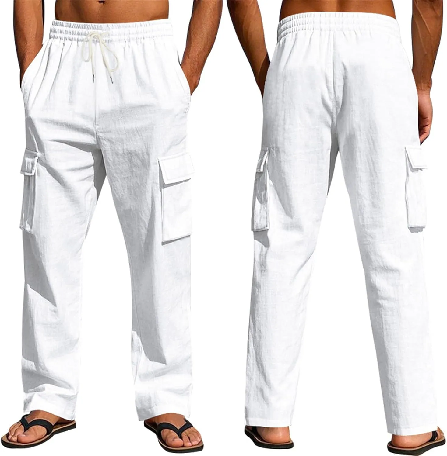 Linen Pants Men Men's Pants Casual Relaxed Fit Straight Leg Drawstring Lightweight Summer Comfort Pant with Pockets