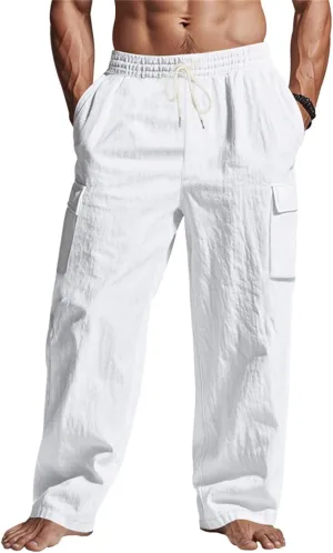 Linen Pants Men Men's Pants Casual Relaxed Fit Straight Leg Drawstring Lightweight Summer Comfort Pant with Pockets