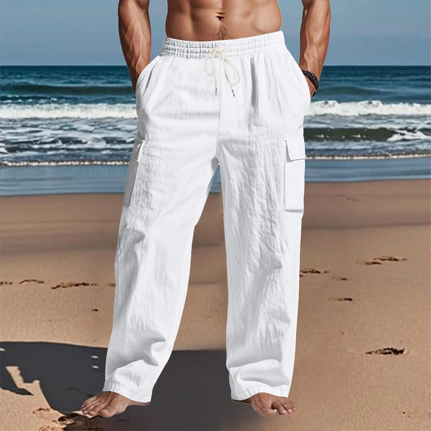 Linen Pants Men Men's Pants Casual Relaxed Fit Straight Leg Drawstring Lightweight Summer Comfort Pant with Pockets