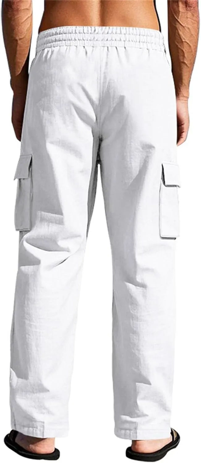 Linen Pants Men Men's Pants Casual Relaxed Fit Straight Leg Drawstring Lightweight Summer Comfort Pant with Pockets