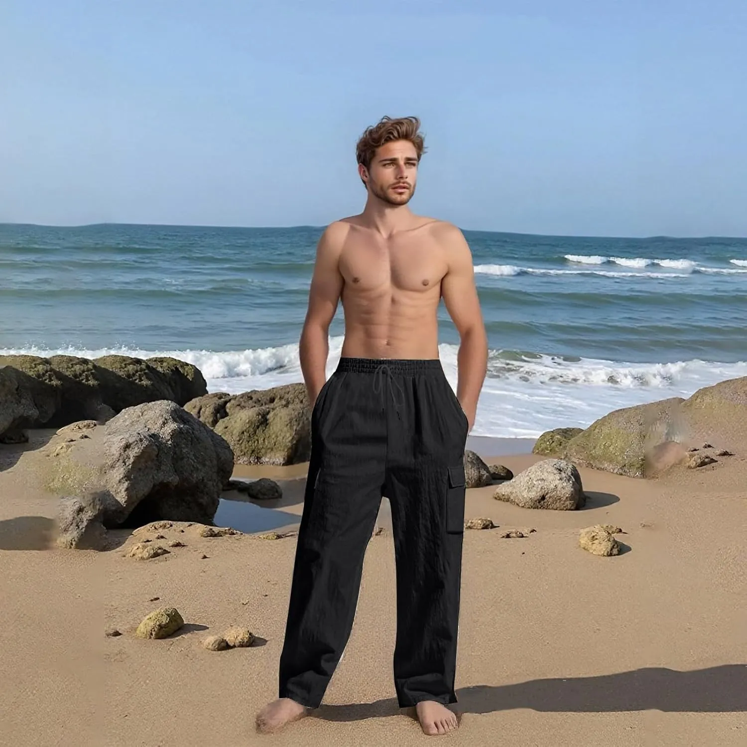 Linen Pants Men Men's Pants Casual Relaxed Fit Straight Leg Drawstring Lightweight Summer Comfort Pant with Pockets