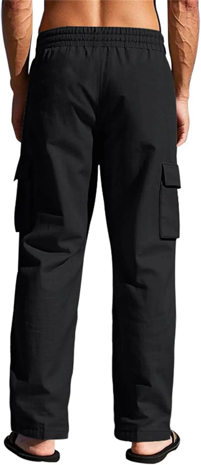 Linen Pants Men Men's Pants Casual Relaxed Fit Straight Leg Drawstring Lightweight Summer Comfort Pant with Pockets