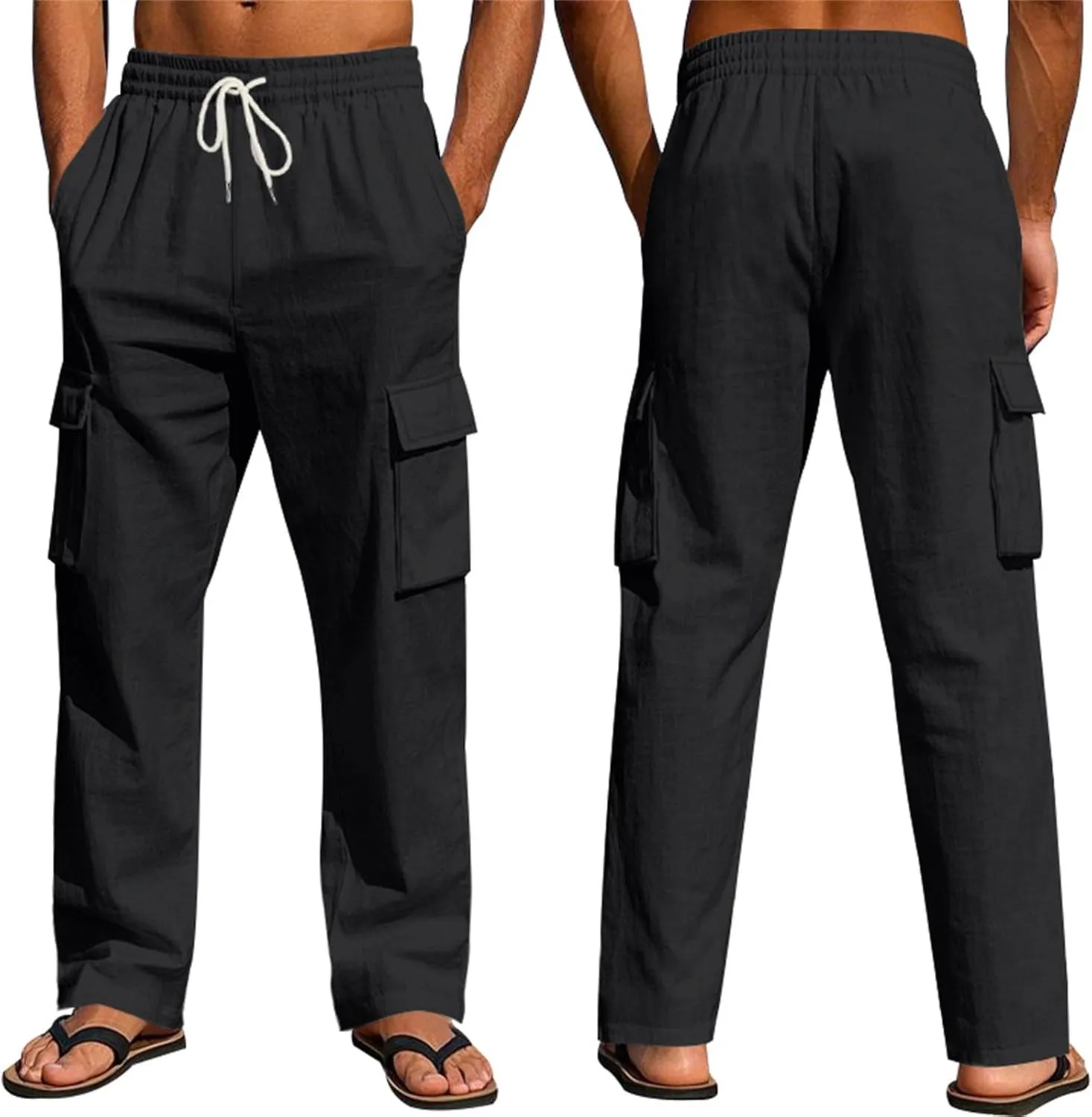 Linen Pants Men Men's Pants Casual Relaxed Fit Straight Leg Drawstring Lightweight Summer Comfort Pant with Pockets