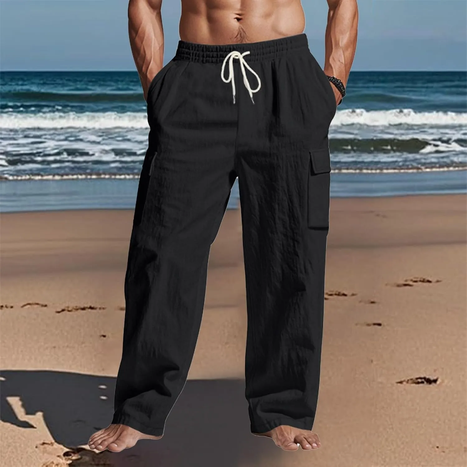 Linen Pants Men Men's Pants Casual Relaxed Fit Straight Leg Drawstring Lightweight Summer Comfort Pant with Pockets