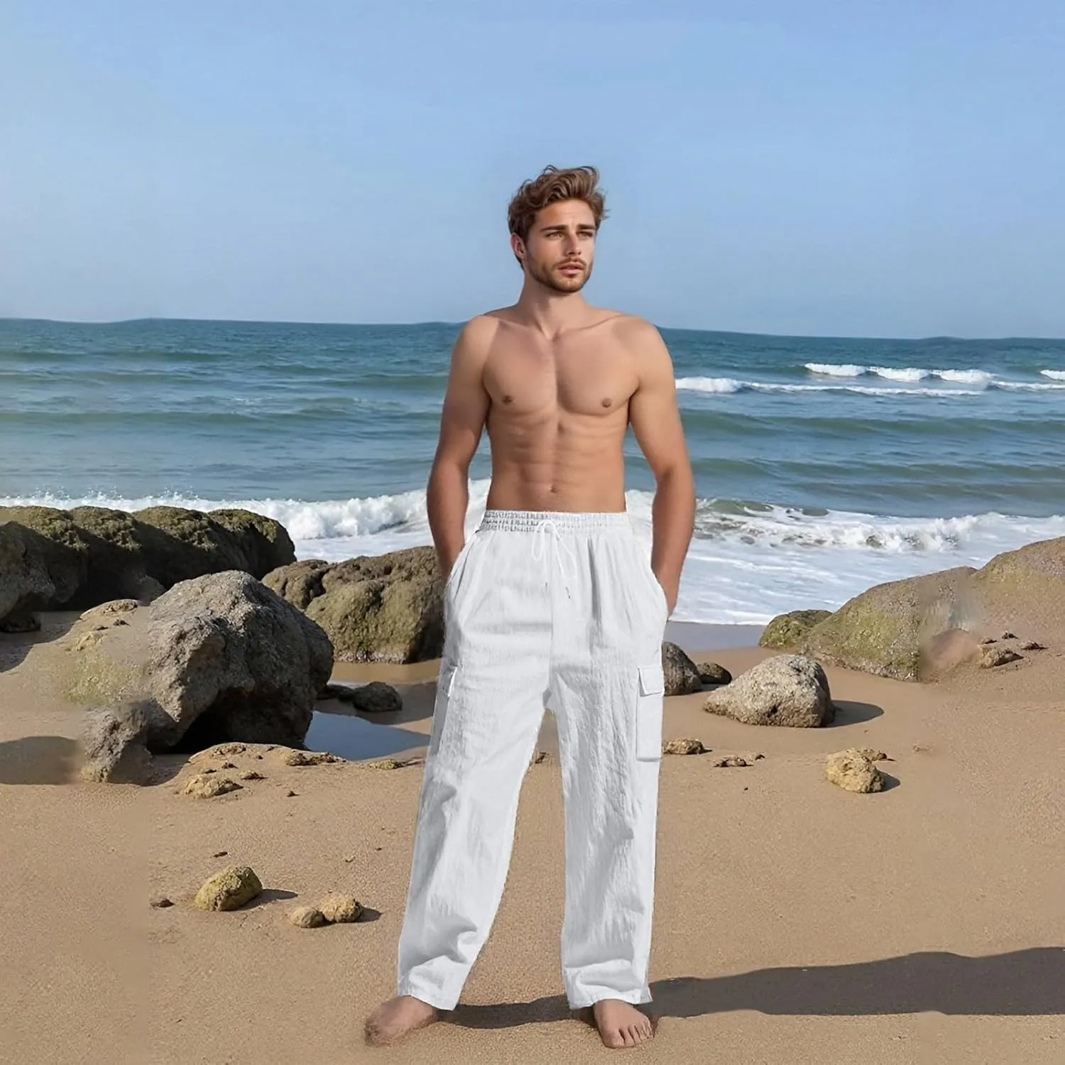 Linen Pants Men Men's Pants Casual Relaxed Fit Straight Leg Drawstring Lightweight Summer Comfort Pant with Pockets
