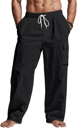Linen Pants Men Men's Pants Casual Relaxed Fit Straight Leg Drawstring Lightweight Summer Comfort Pant with Pockets