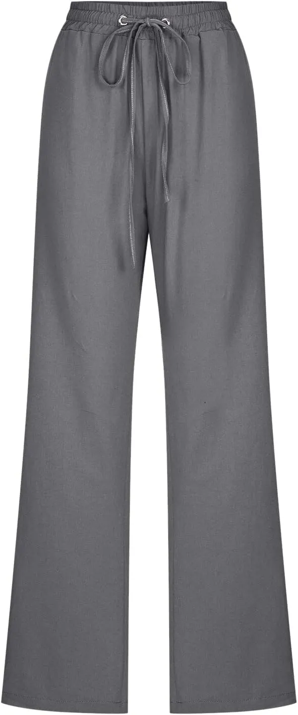 Linen Pants Women Petite Women Loose High Waist Drawstring Flowy Wide Leg Beach Pants Casual Trousers with Pockets