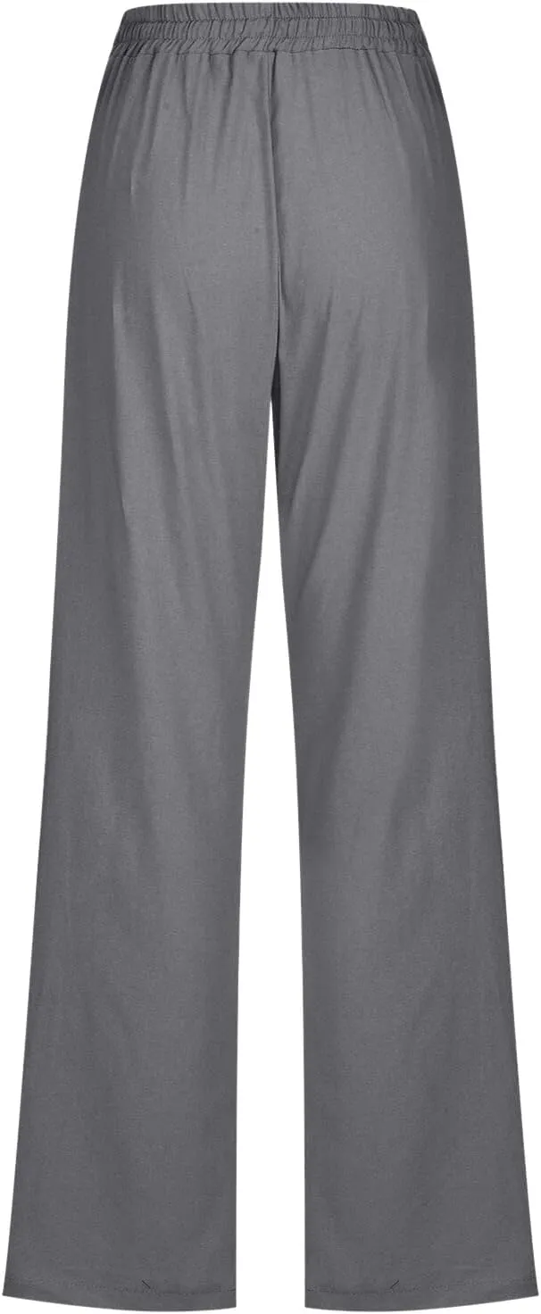 Linen Pants Women Petite Women Loose High Waist Drawstring Flowy Wide Leg Beach Pants Casual Trousers with Pockets