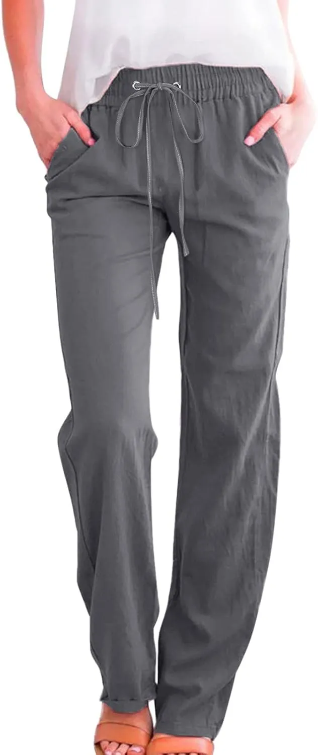 Linen Pants Women Petite Women Loose High Waist Drawstring Flowy Wide Leg Beach Pants Casual Trousers with Pockets