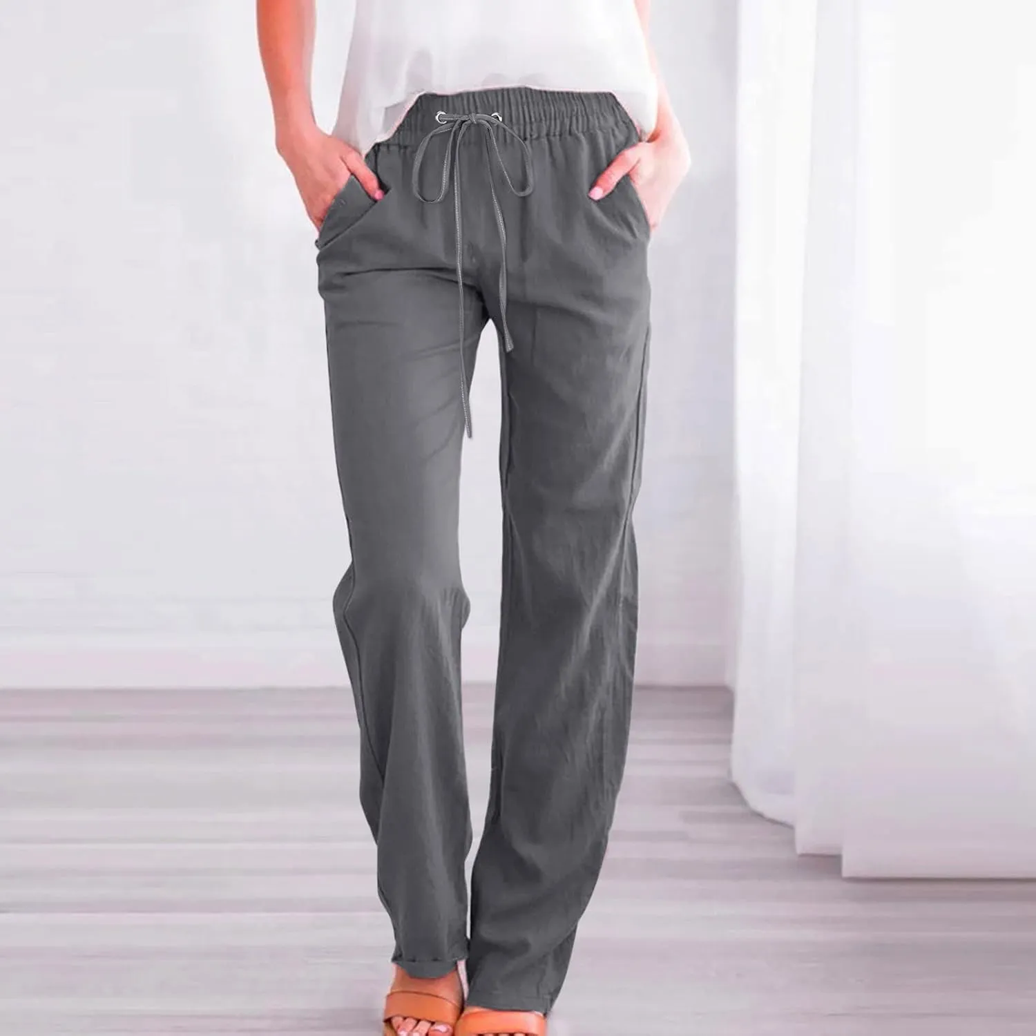 Linen Pants Women Petite Women Loose High Waist Drawstring Flowy Wide Leg Beach Pants Casual Trousers with Pockets