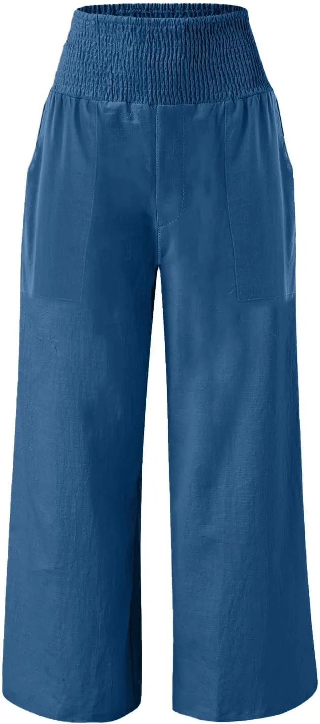 Linen Pants Women Summer Lounge Palazzo Pant High Waisted Wide Leg Trousers with Pockets Beach Vacation Clothes for Women