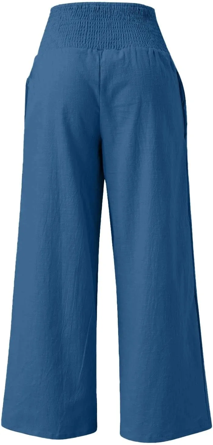 Linen Pants Women Summer Lounge Palazzo Pant High Waisted Wide Leg Trousers with Pockets Beach Vacation Clothes for Women