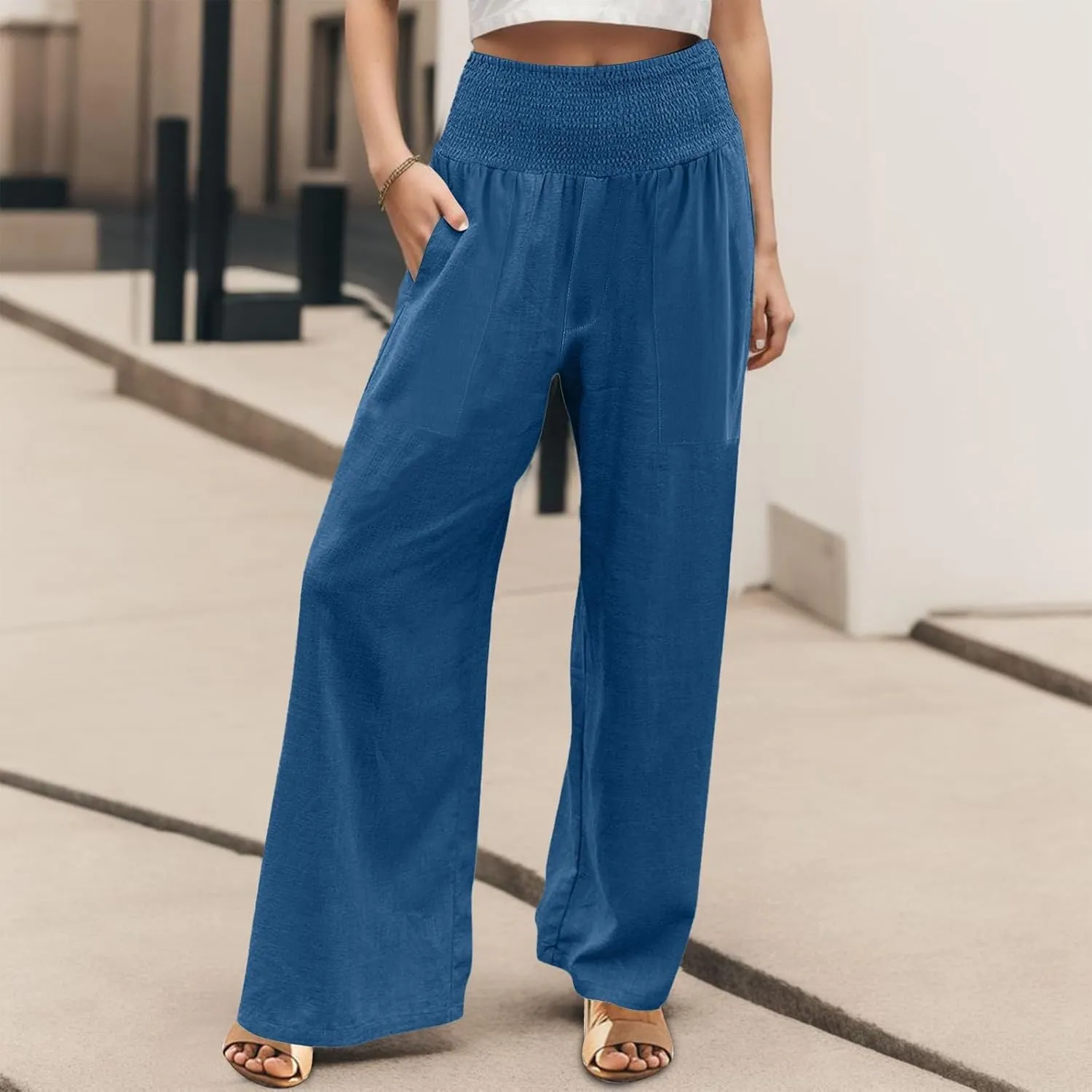 Linen Pants Women Summer Lounge Palazzo Pant High Waisted Wide Leg Trousers with Pockets Beach Vacation Clothes for Women
