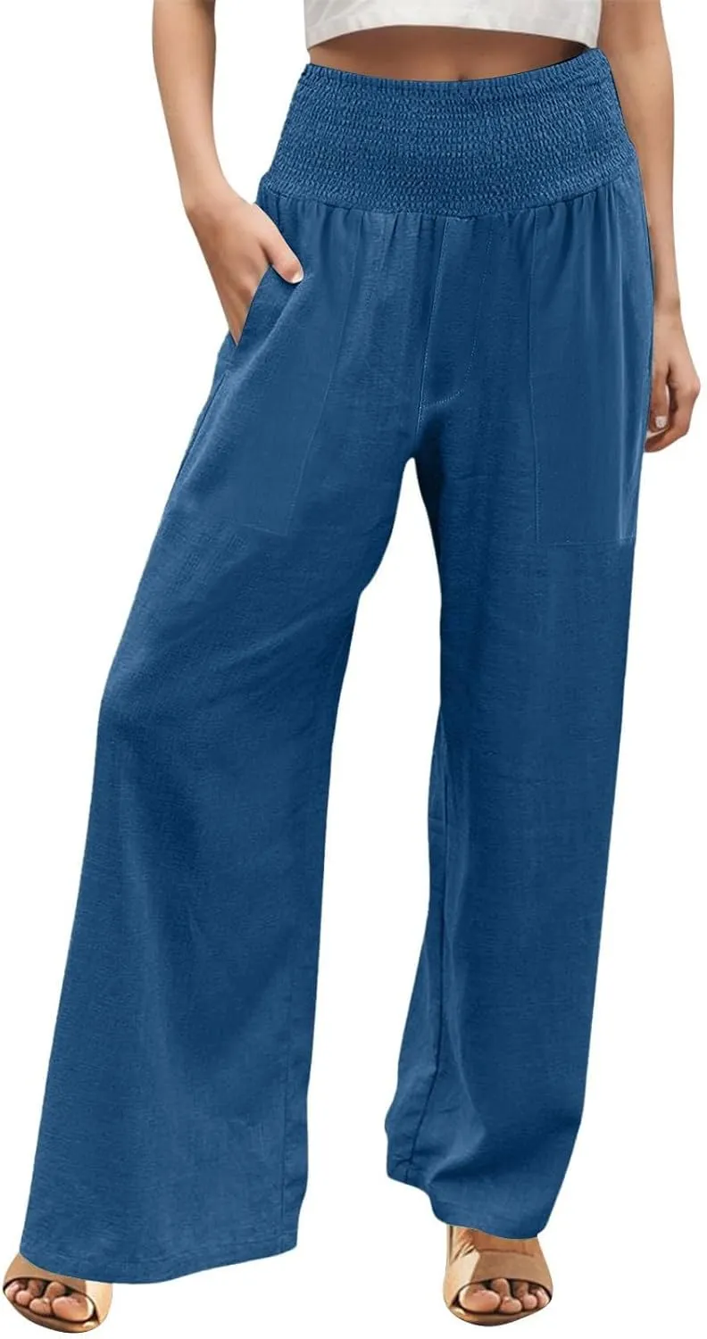 Linen Pants Women Summer Lounge Palazzo Pant High Waisted Wide Leg Trousers with Pockets Beach Vacation Clothes for Women