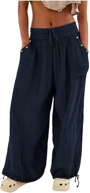 Linen Pants Women Wide Leg Harem Pants High Waist Drawstring Palazzo Pants Loose Fit Workout Trousers with