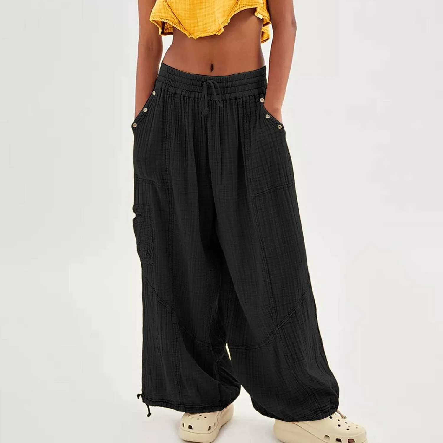 Linen Pants Women Wide Leg Harem Pants High Waist Drawstring Palazzo Pants Loose Fit Workout Trousers with