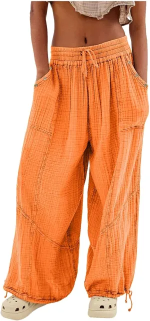 Linen Pants Women Wide Leg Harem Pants High Waist Drawstring Palazzo Pants Loose Fit Workout Trousers with