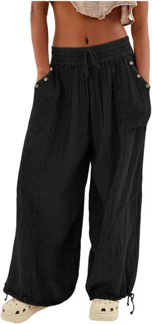 Linen Pants Women Wide Leg Harem Pants High Waist Drawstring Palazzo Pants Loose Fit Workout Trousers with