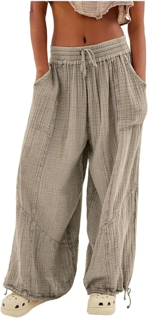 Linen Pants Women Wide Leg Harem Pants High Waist Drawstring Palazzo Pants Loose Fit Workout Trousers with