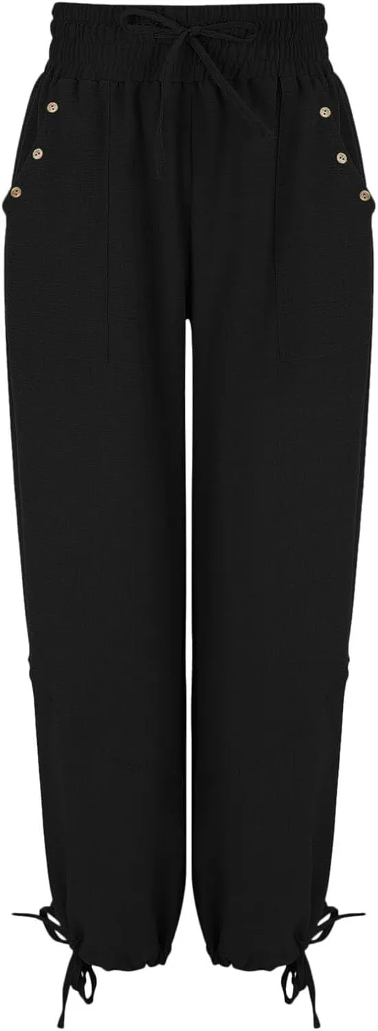 Linen Pants Women Wide Leg Harem Pants High Waist Drawstring Palazzo Pants Loose Fit Workout Trousers with