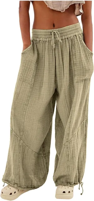 Linen Pants Women Wide Leg Harem Pants High Waist Drawstring Palazzo Pants Loose Fit Workout Trousers with