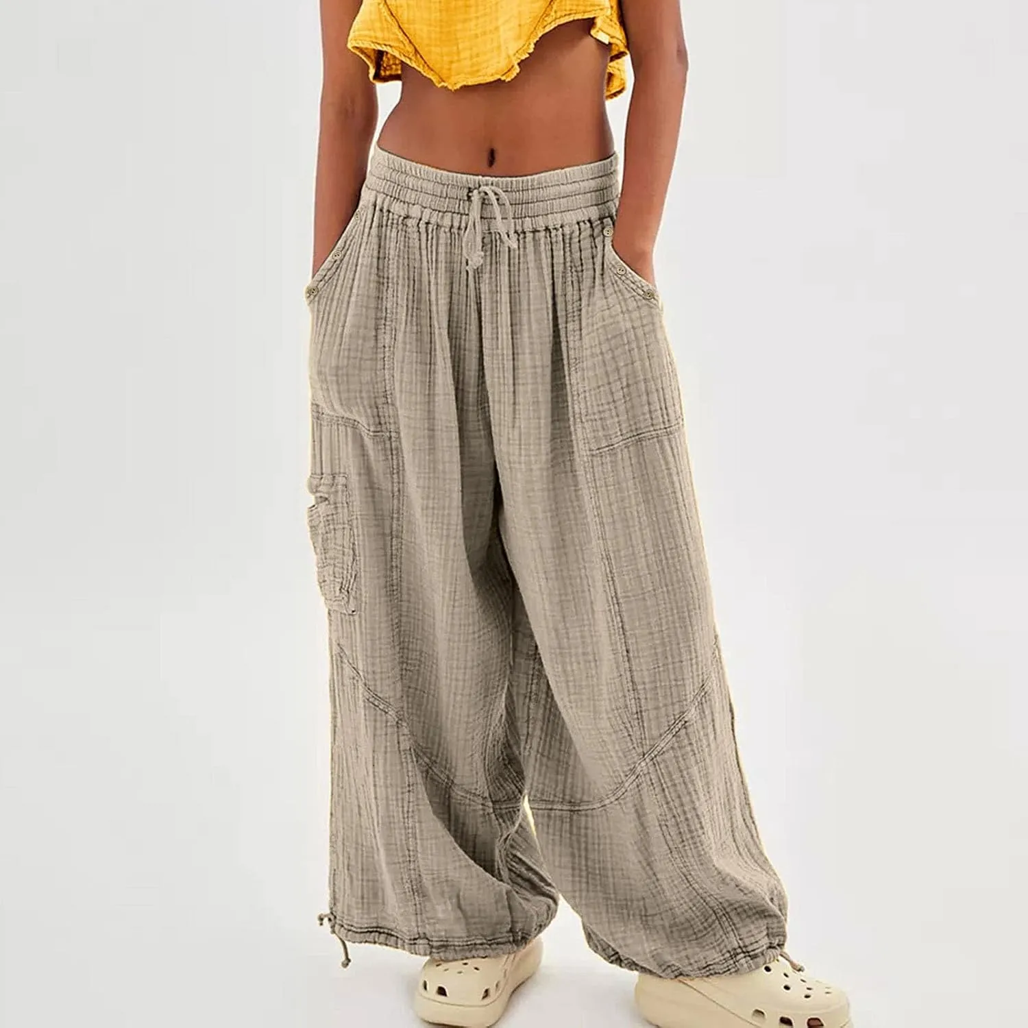Linen Pants Women Wide Leg Harem Pants High Waist Drawstring Palazzo Pants Loose Fit Workout Trousers with