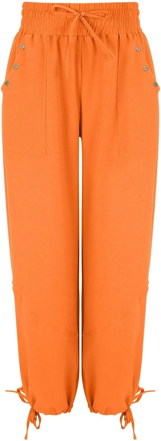 Linen Pants Women Wide Leg Harem Pants High Waist Drawstring Palazzo Pants Loose Fit Workout Trousers with