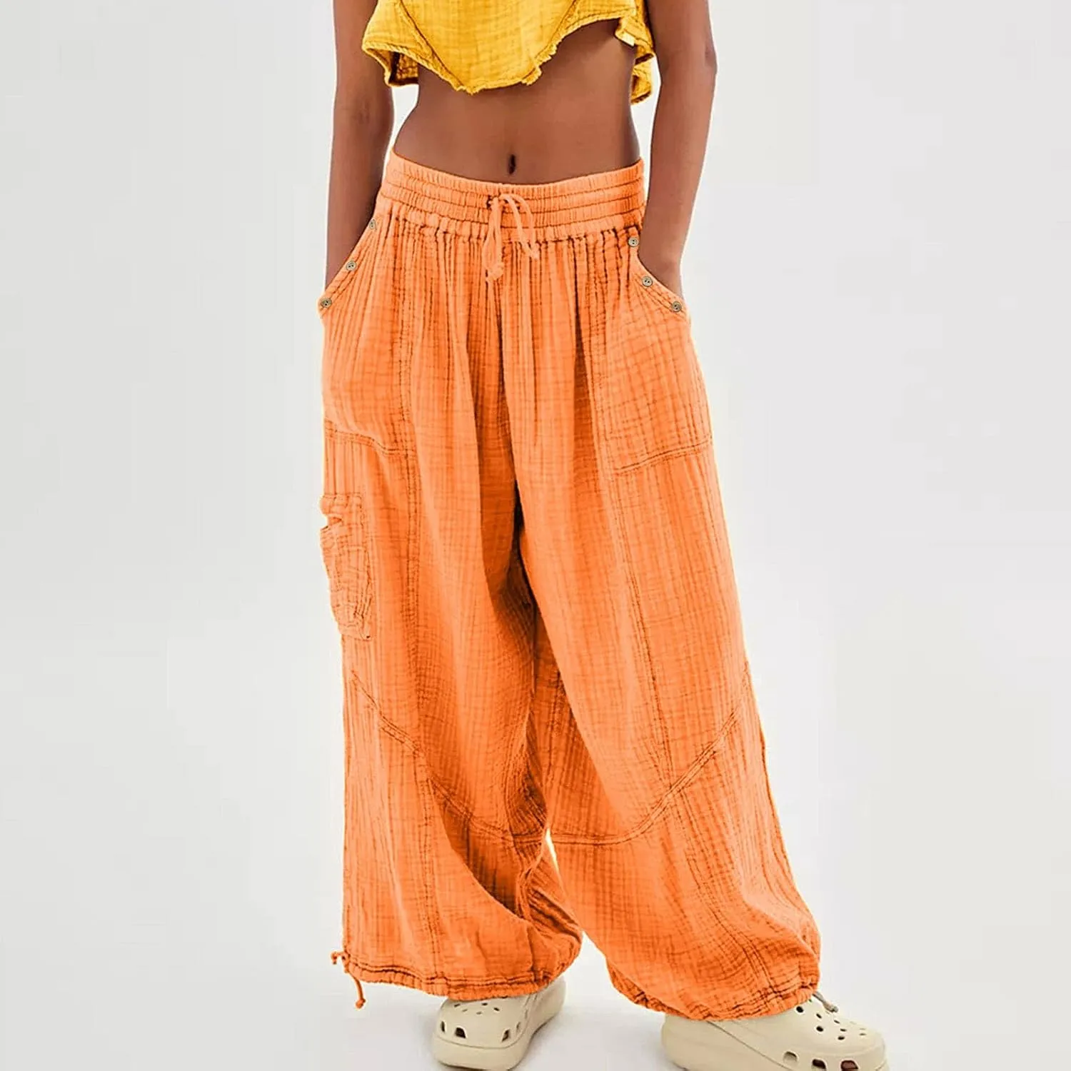 Linen Pants Women Wide Leg Harem Pants High Waist Drawstring Palazzo Pants Loose Fit Workout Trousers with