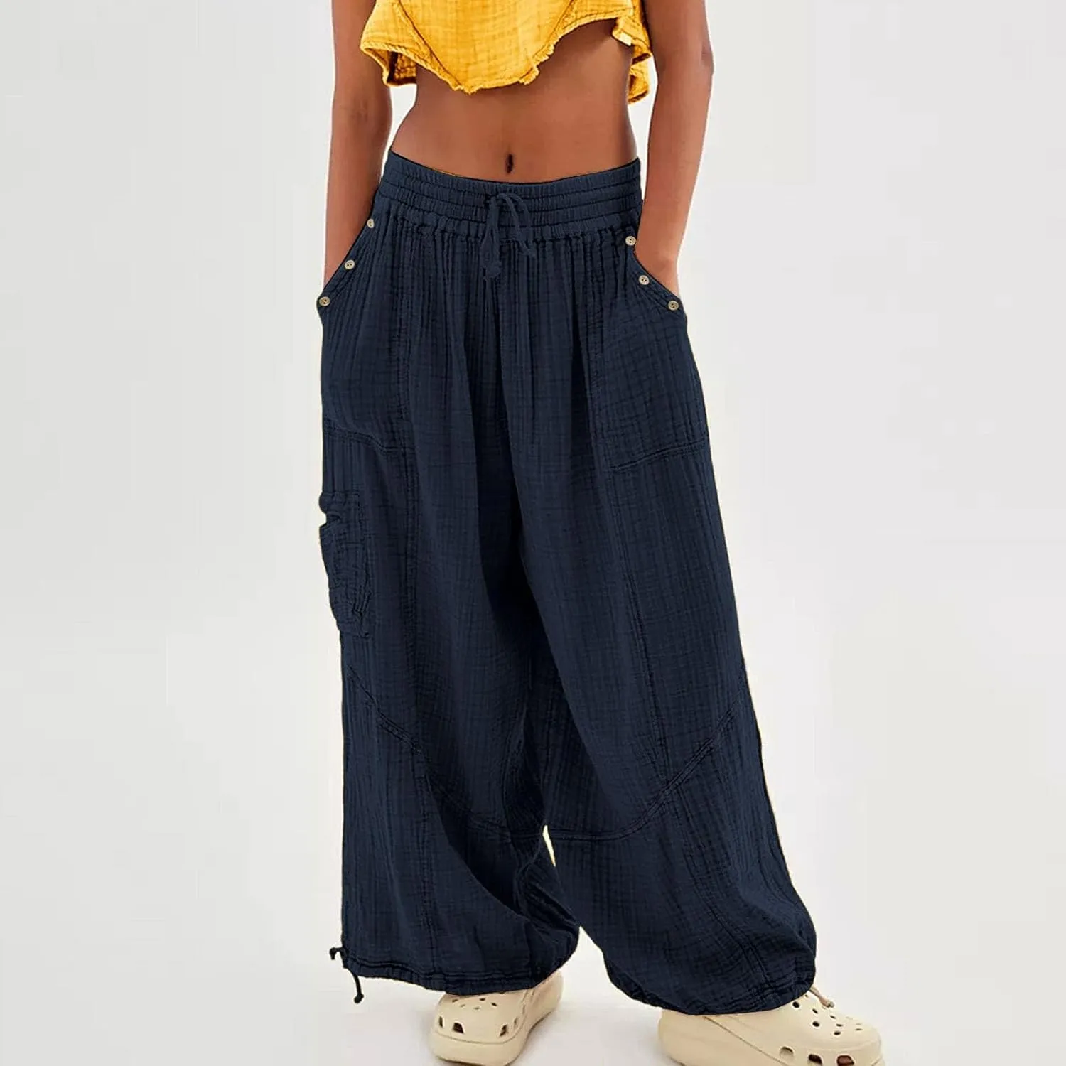 Linen Pants Women Wide Leg Harem Pants High Waist Drawstring Palazzo Pants Loose Fit Workout Trousers with