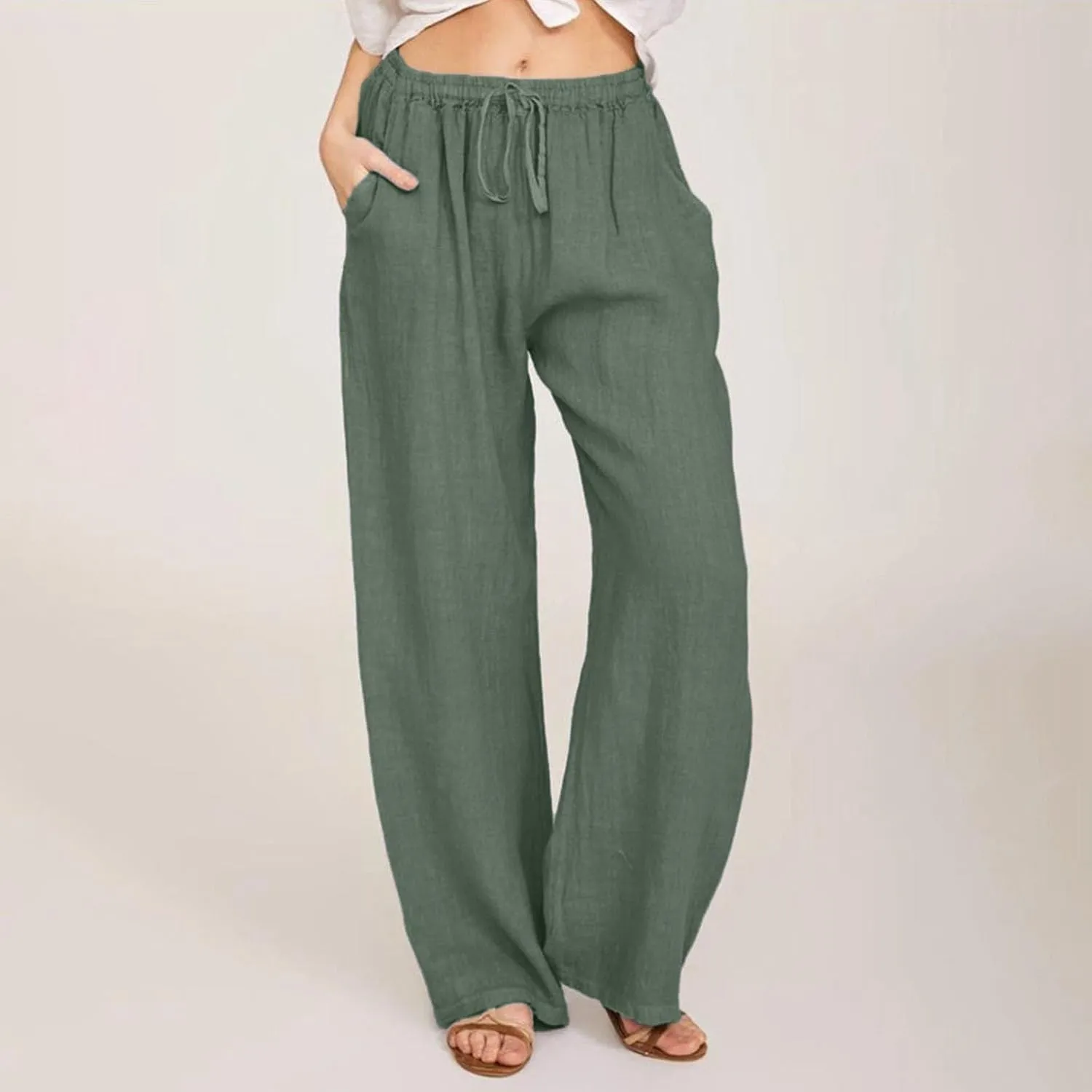 Linen Pants Women Wide Leg Yoga Pants with Pockets Elastic High Waisted Summer Casual Palazzo Pants Flowy Beach Pants