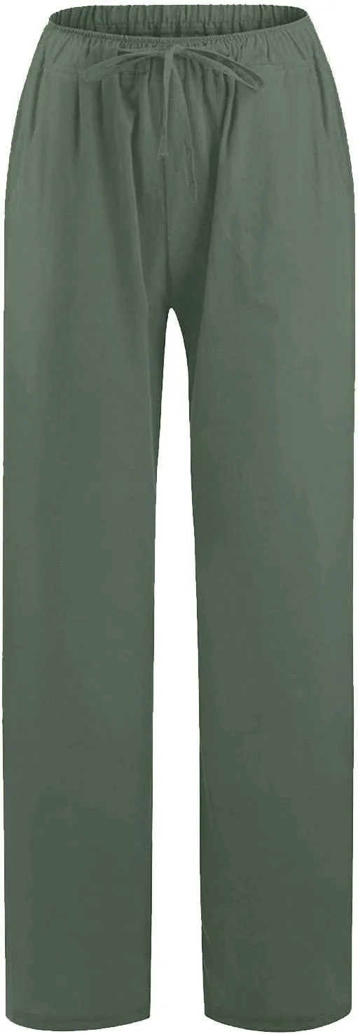 Linen Pants Women Wide Leg Yoga Pants with Pockets Elastic High Waisted Summer Casual Palazzo Pants Flowy Beach Pants