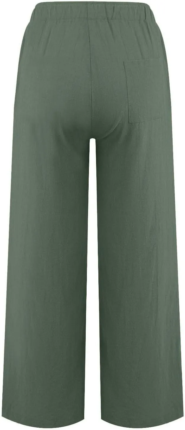 Linen Pants Women Wide Leg Yoga Pants with Pockets Elastic High Waisted Summer Casual Palazzo Pants Flowy Beach Pants