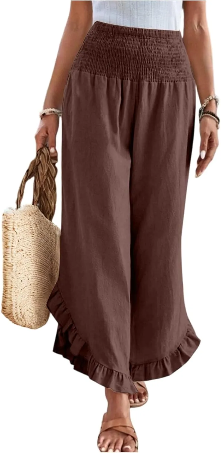 Linen Wide Leg Pants for Women 2025 Stretch Smocked High Waisted Ruffle Hem Palazzo Pants Summer Casual Beach Pant