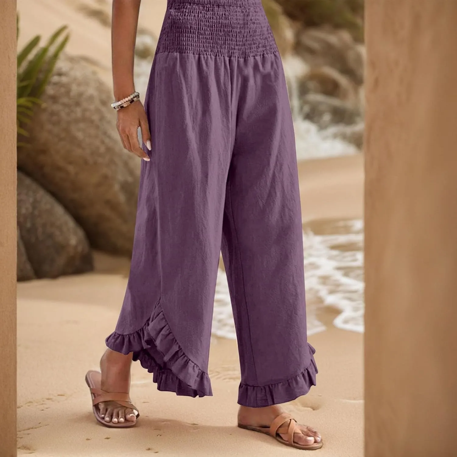 Linen Wide Leg Pants for Women 2025 Stretch Smocked High Waisted Ruffle Hem Palazzo Pants Summer Casual Beach Pant