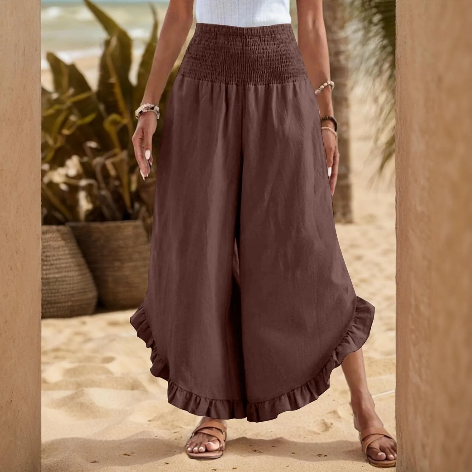 Linen Wide Leg Pants for Women 2025 Stretch Smocked High Waisted Ruffle Hem Palazzo Pants Summer Casual Beach Pant