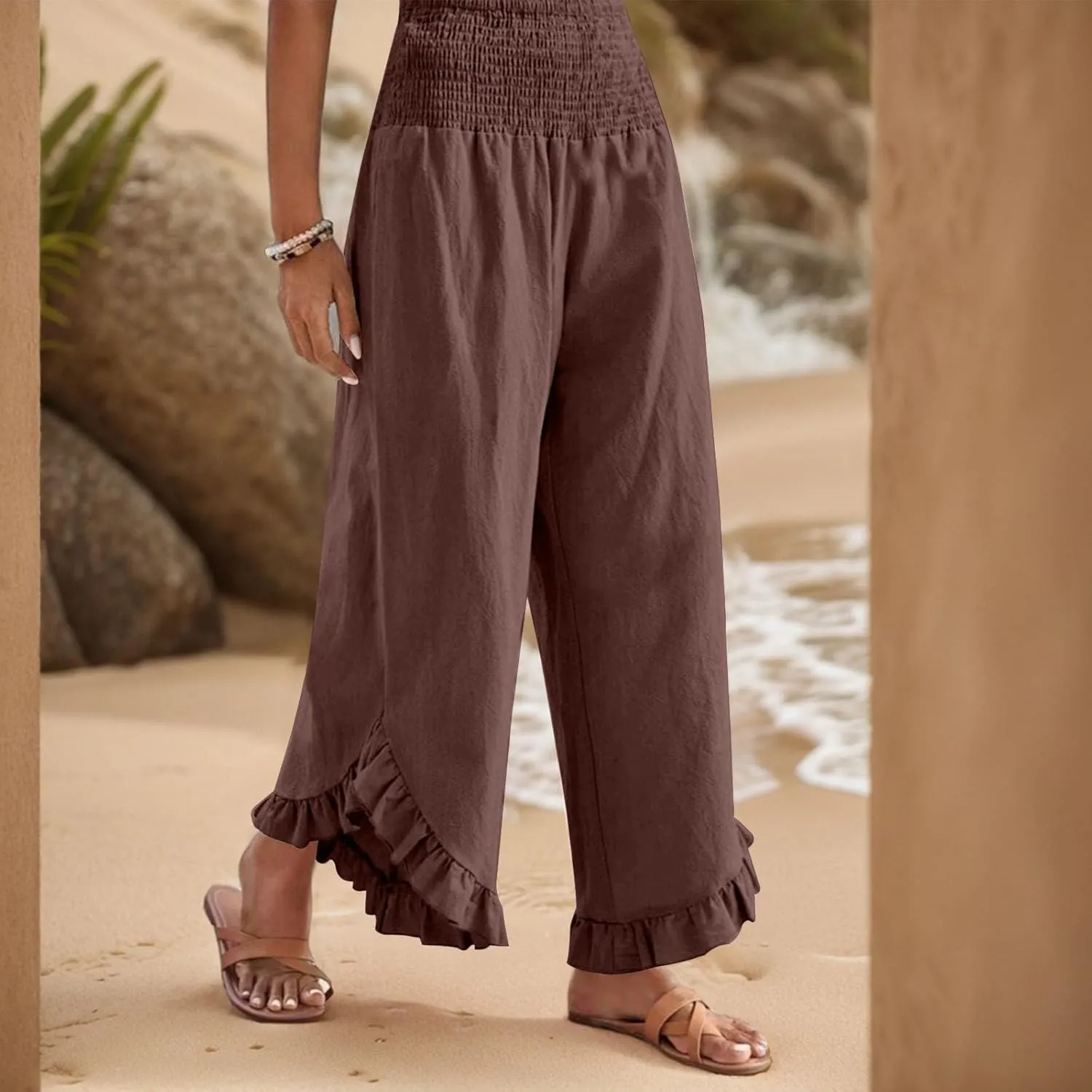 Linen Wide Leg Pants for Women 2025 Stretch Smocked High Waisted Ruffle Hem Palazzo Pants Summer Casual Beach Pant