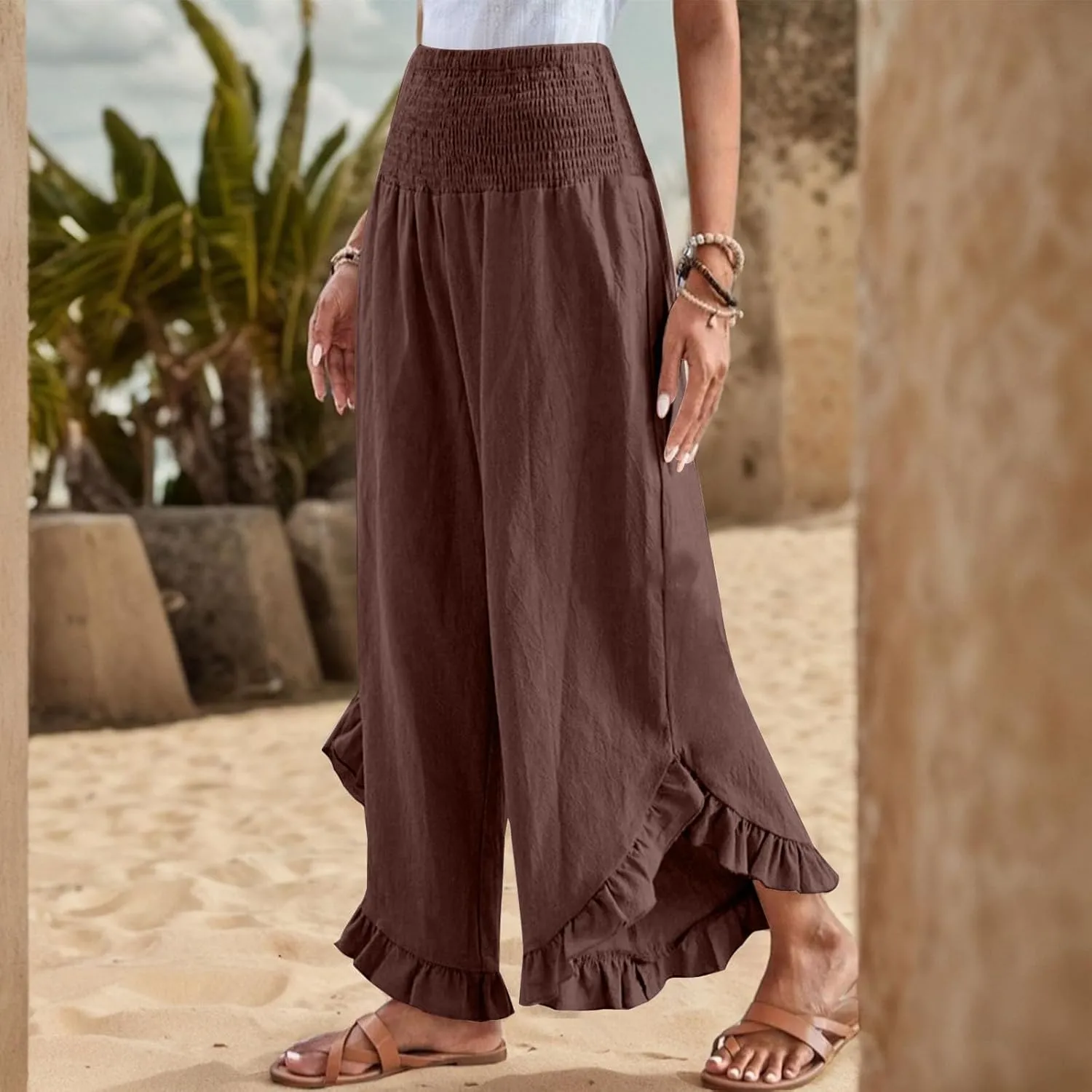 Linen Wide Leg Pants for Women 2025 Stretch Smocked High Waisted Ruffle Hem Palazzo Pants Summer Casual Beach Pant