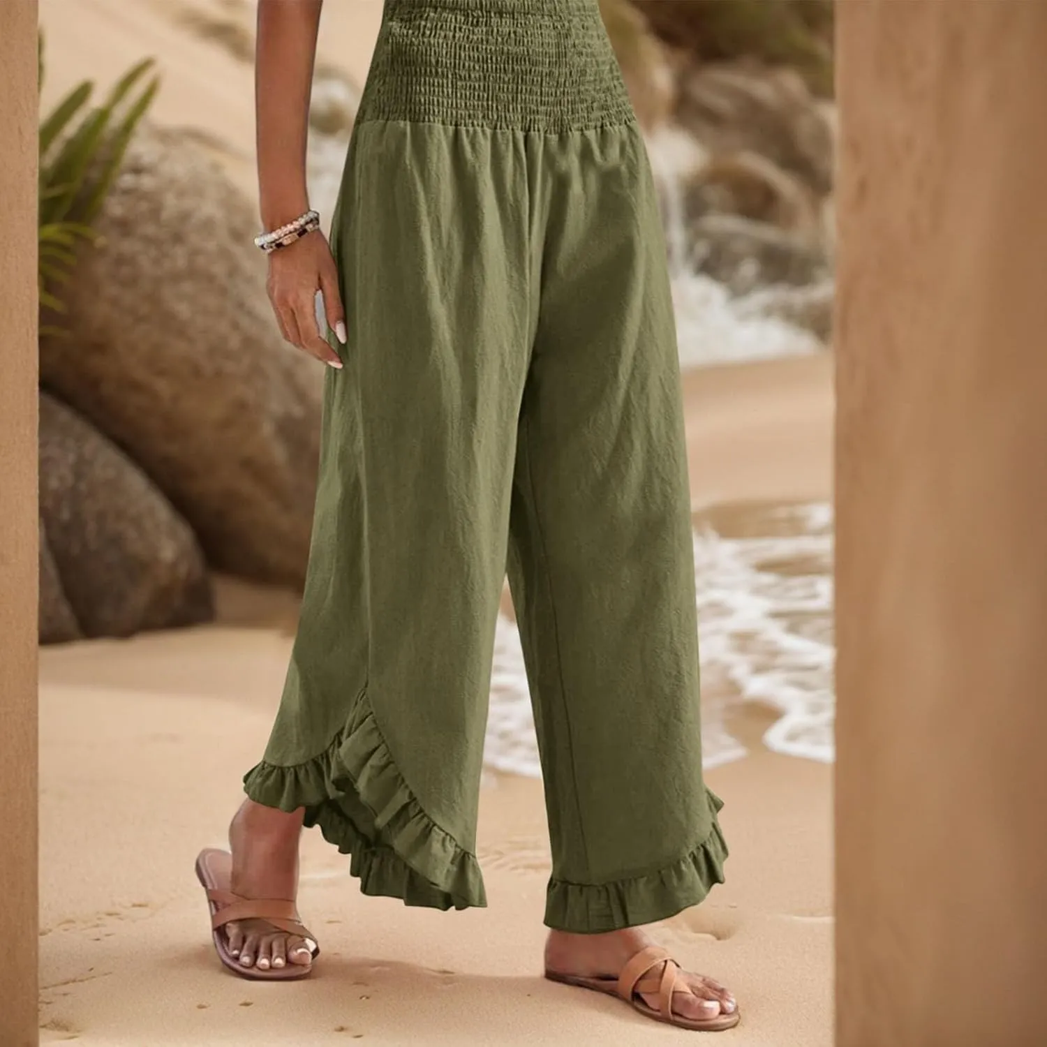 Linen Wide Leg Pants for Women 2025 Stretch Smocked High Waisted Ruffle Hem Palazzo Pants Summer Casual Beach Pant
