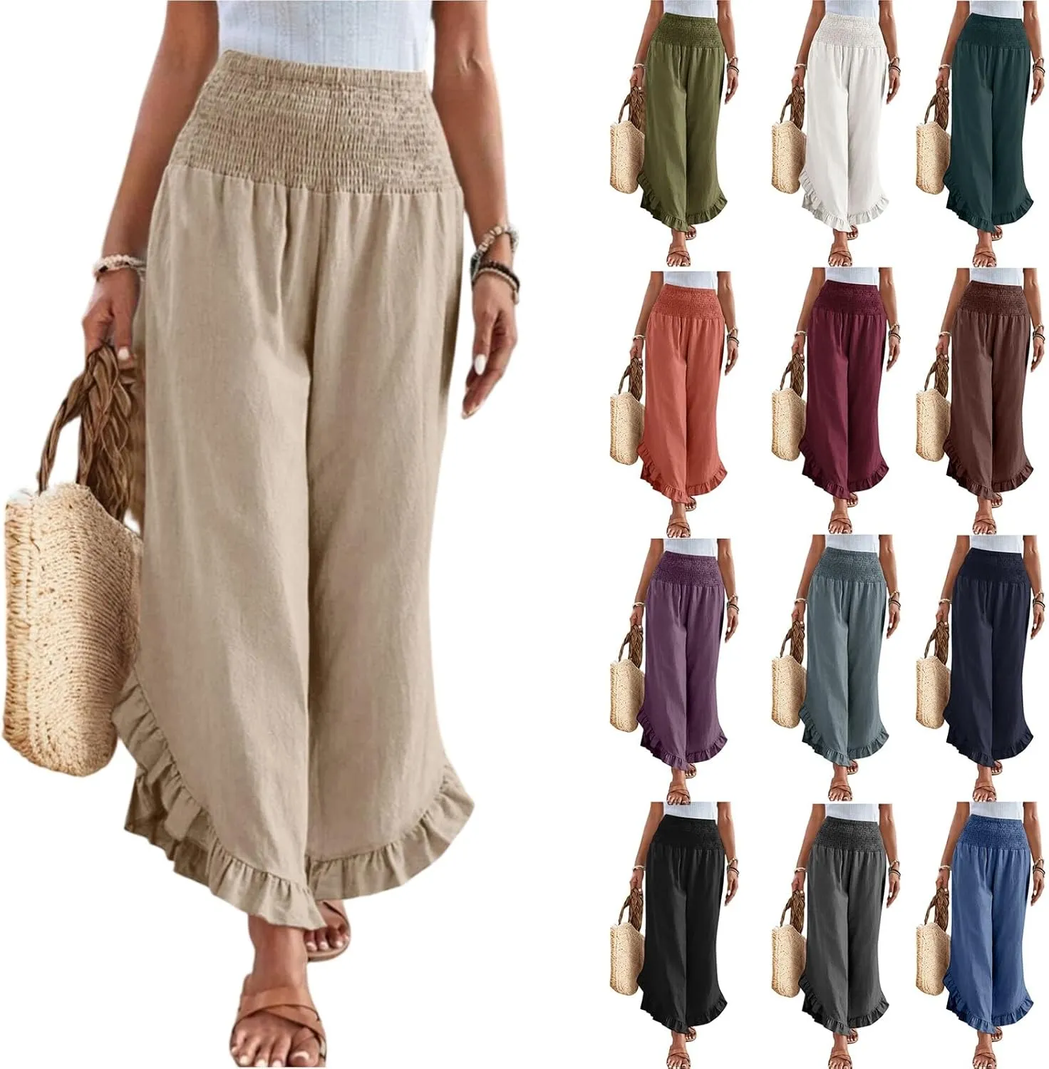 Linen Wide Leg Pants for Women 2025 Stretch Smocked High Waisted Ruffle Hem Palazzo Pants Summer Casual Beach Pant