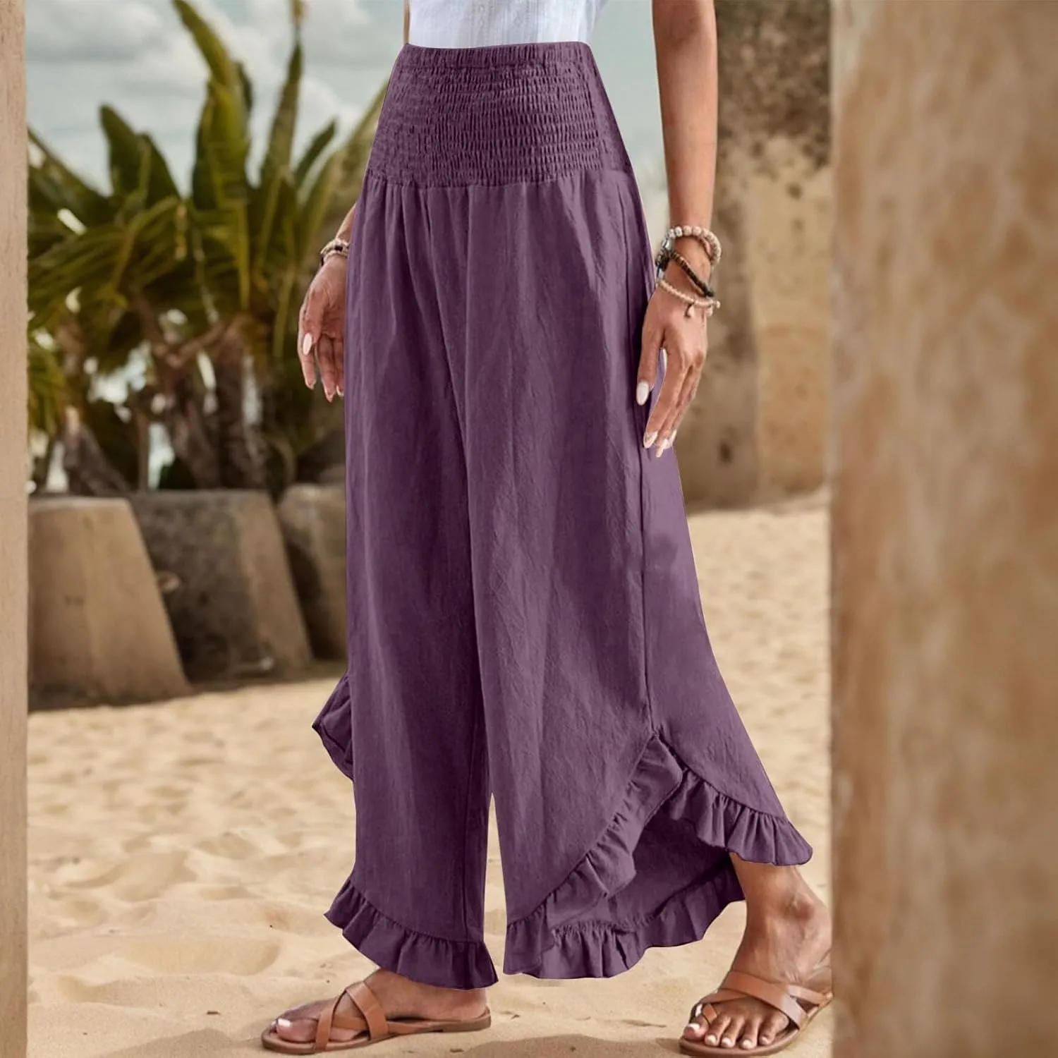 Linen Wide Leg Pants for Women 2025 Stretch Smocked High Waisted Ruffle Hem Palazzo Pants Summer Casual Beach Pant